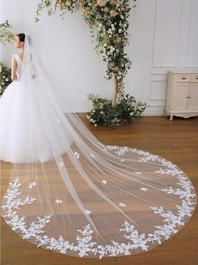Elegant Cathedral Length Bridal Veil with Floral Appliqué